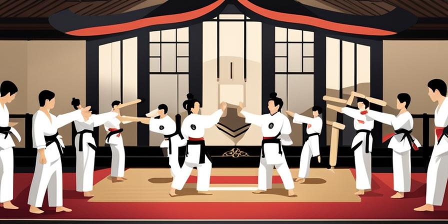 Practicantes de taekwondo en dojo histórico.