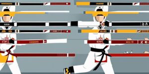 Adulto practicando taekwondo con determinación y entusiasmo
