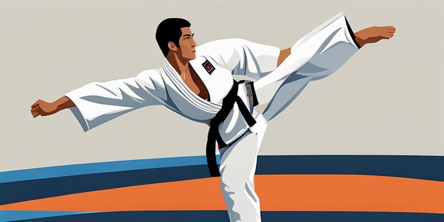 Artista marcial ejecutando movimiento de taekwondo potente