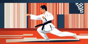 Artista marcial realizando taekwondo con movimientos veloces y precisos