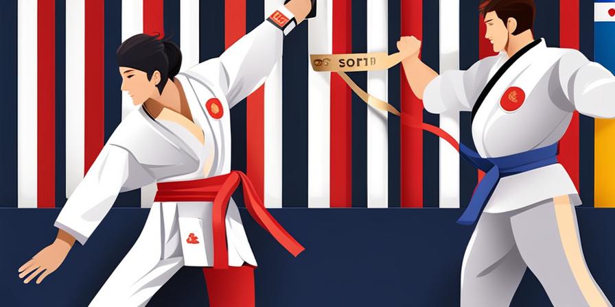 Atleta de taekwondo en podio, celebrando victoria