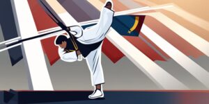 Un atleta de Taekwondo dando una patada voladora en competencia