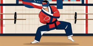 Luchador de taekwondo bloqueando patada con brazo levantado
