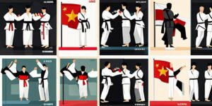 Cinturón negro de taekwondo en examen de promoción