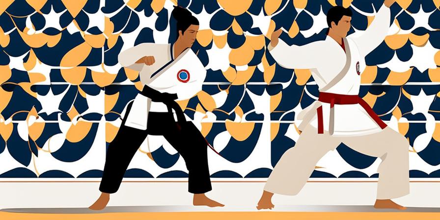 Competidor de taekwondo realizando una patada alta, rodeado de símbolos culturales y antiguos