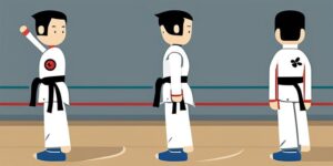 Personaje de Taekwondo ejecutando la técnica "Cuerpo MOM" en movimiento