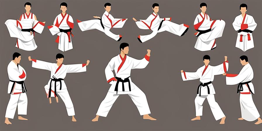 Practicante de taekwondo en pose poderosa rodeado de símbolos de artes marciales