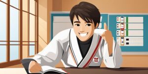 Estudiante de taekwondo sonriente preparándose para el éxito en su examen