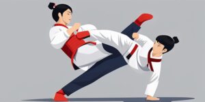 Estudiante de taekwondo siguiendo instrucciones con etiqueta
