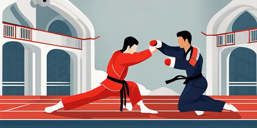 Artista marcial ejecutando un poderoso golpe de taekwondo