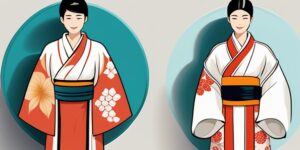 Personaje examinando y sonriendo al sostener diferentes Kimonos Dobok