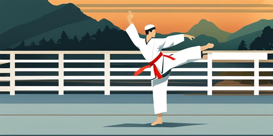 Practicante de taekwondo reflexionando en paisajes naturales