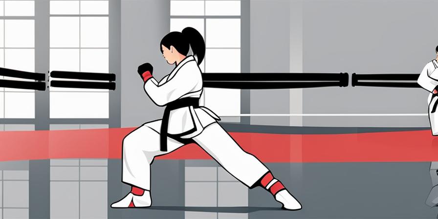 Mujer practicando Taekwondo con equipo de protección completo