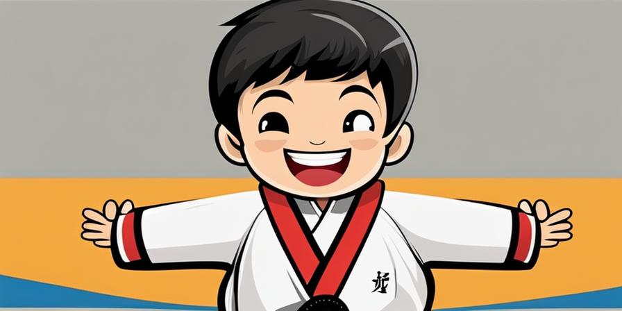 Niño sonriente practicando taekwondo con etiqueta