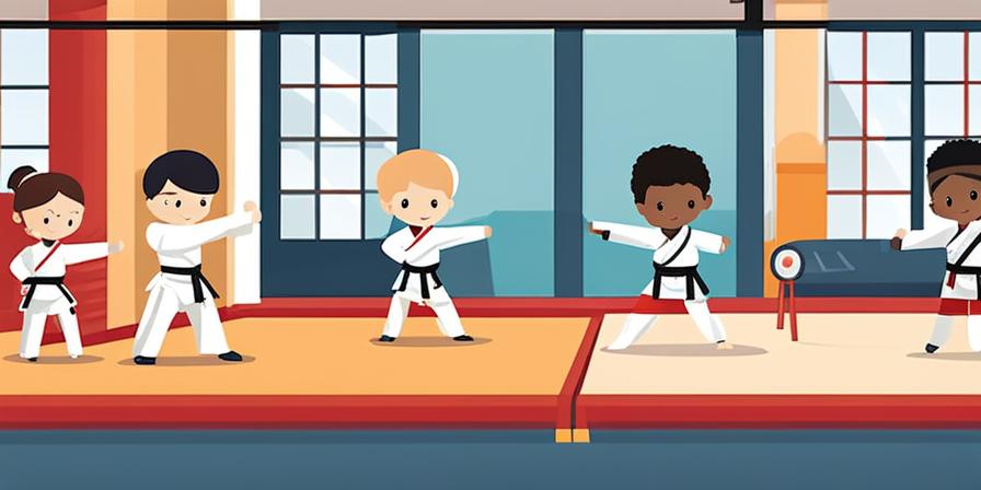 Niños practicando taekwondo con instructor en gimnasio