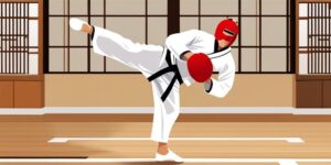 Practicante de taekwondo ejecutando una patada alta precisa