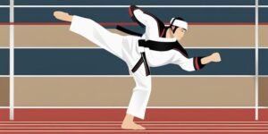 Atleta de taekwondo pateando con precisión y altura