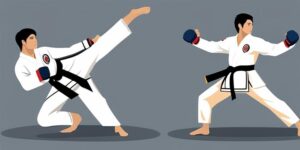 Joven practicante de taekwondo realiza patada alta y poderosa