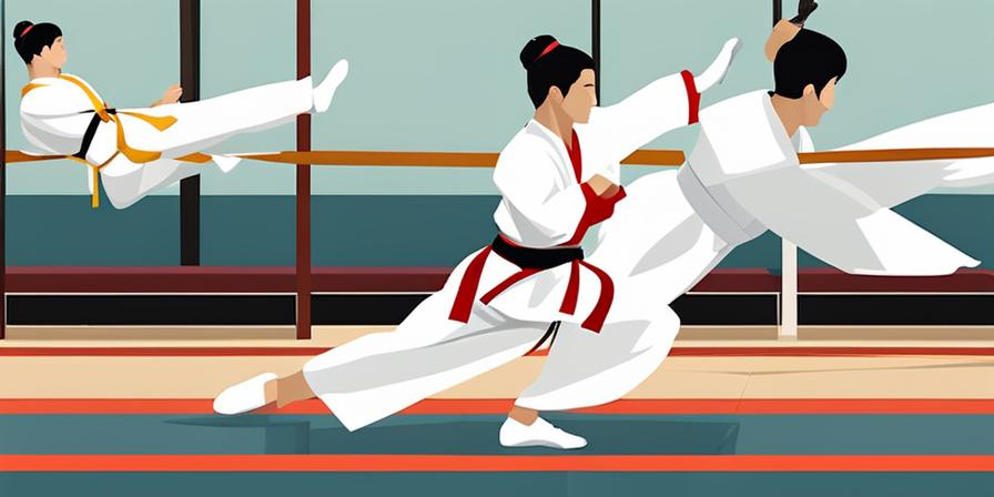 Practicante de taekwondo en traje tradicional dando una patada potente