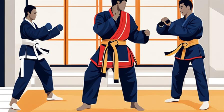 Tres practicantes de taekwondo ejecutando patadas poderosas