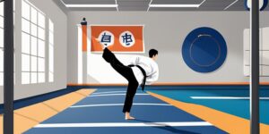 Taekwondista concentrado ejecutando patadas en un gimnasio