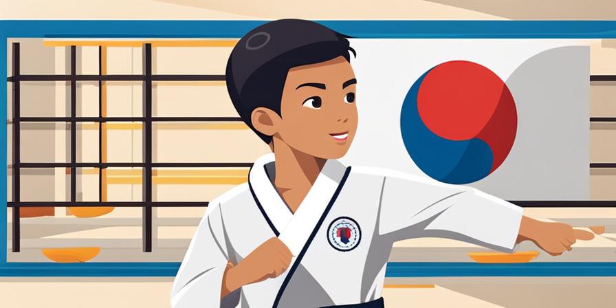 Niño practicando taekwondo con instructor, demostrando concentración y disciplina