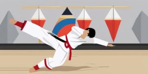 Practicante de Taekwondo ejecutando un golpe poderoso