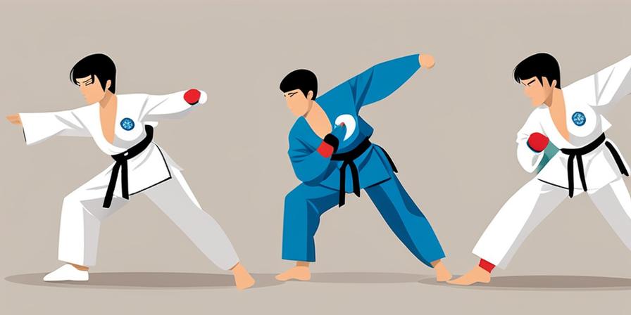 Practicante de taekwondo lanzando patada frontal poderosa
