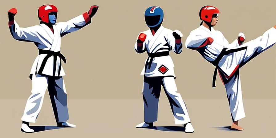 Practicante de taekwondo realizando movimientos simbólicos con el número 3