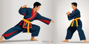 Practicante de taekwondo en posición de bom sogui, enérgico y equilibrado