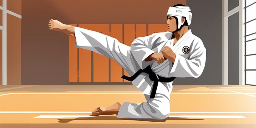 Practicante de taekwondo realizando el pumse 4 Taeguk SA Chang