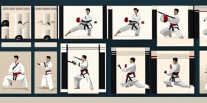 Practicante de taekwondo ejecutando el Pumse 4 Taeguk SA Chang con gracia y perfección