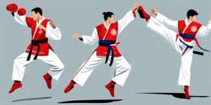 Practicante de taekwondo realizando un salto triple