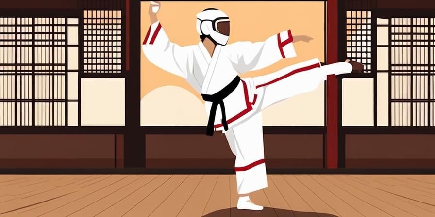 Practicante de taekwondo realizando una patada voladora en Corea del Sur