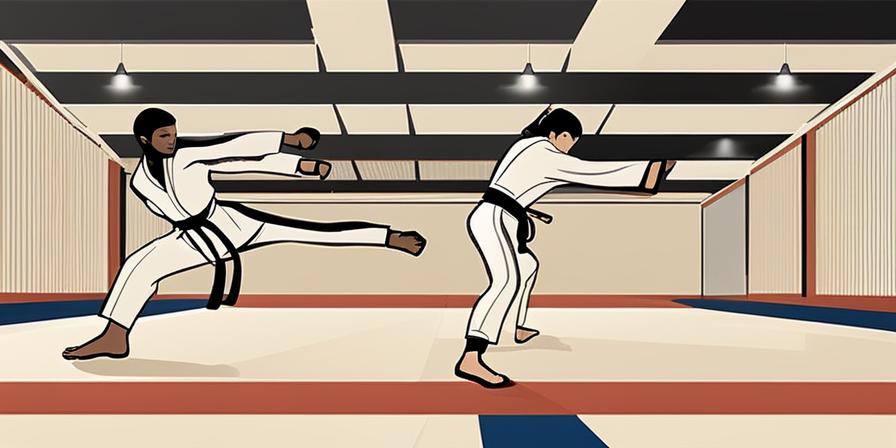 Practicantes de taekwondo en el dojo ejecutando movimientos