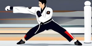 Persona practicando taekwondo con protectores de rodilla