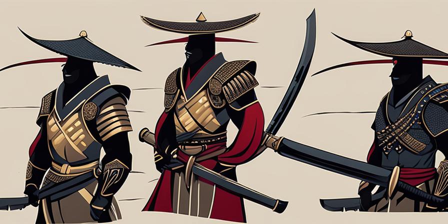 Ilustración detallada de samurái con armadura negra y katana