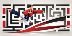 Número "1" gigante rodeado de símbolos de taekwondo en movimiento