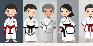Niño feliz en clase de taekwondo con Kimono Dobok