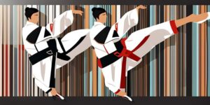 Taekwondista ejecutando una potente patada, inspiración para artistas marciales