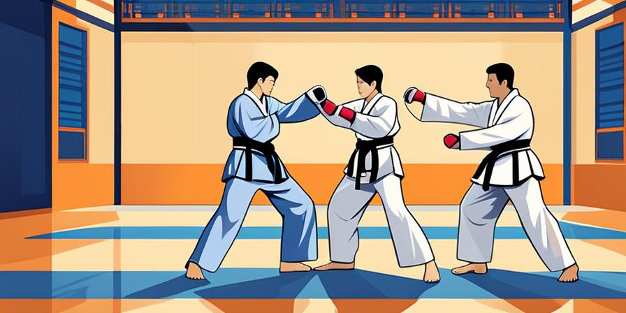 Práctica de Taekwondo con determinación y respeto de tres personas