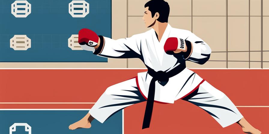 Practicante de taekwondo bloqueando el pecho con posición defensiva