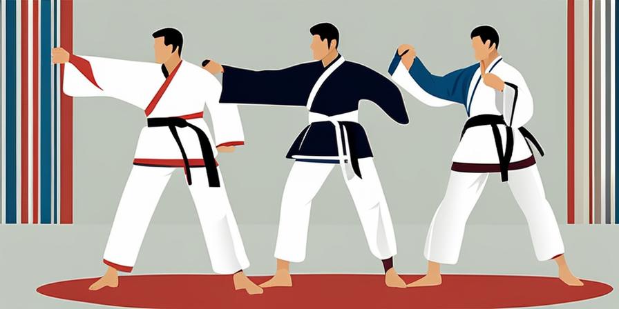 Tres personas practicando taekwondo: integridad, perseverancia, cortesía