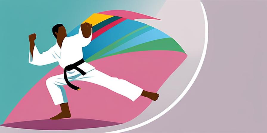 Persona feliz practicando taekwondo rodeada de colores vibrantes