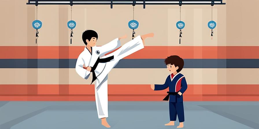 Niño aprendiendo taekwondo con su instructor en el gimnasio