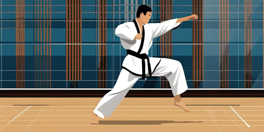 Practicante de taekwondo ejecutando una patada alta y segura