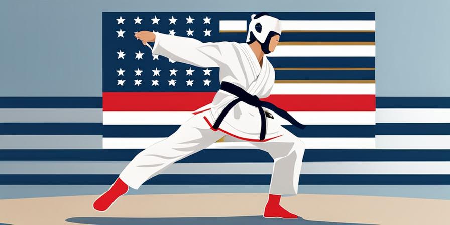 Practicante de taekwondo realizando poderosa patada, con la bandera de Corea del Sur