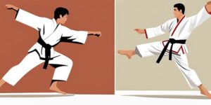 Dos practicantes de Taekwondo, de diferentes edades, realizando un entrenamiento conjunto